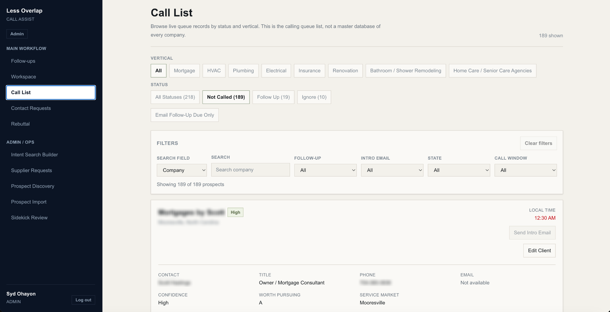 Call Assist prospect queue with market, vertical, status, and workflow filters