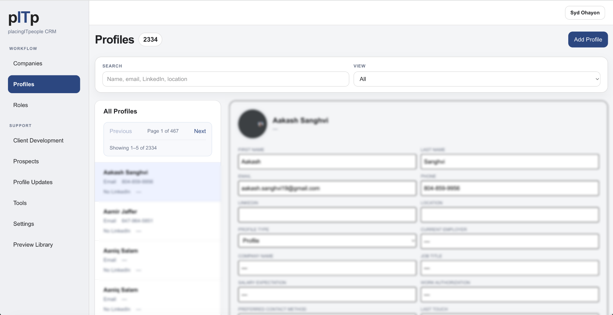 placingITpeople CRM profile workspace with searchable candidate records