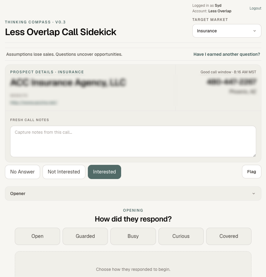Side Kick Thinking Compass showing the Open conversation state and recommended next steps
